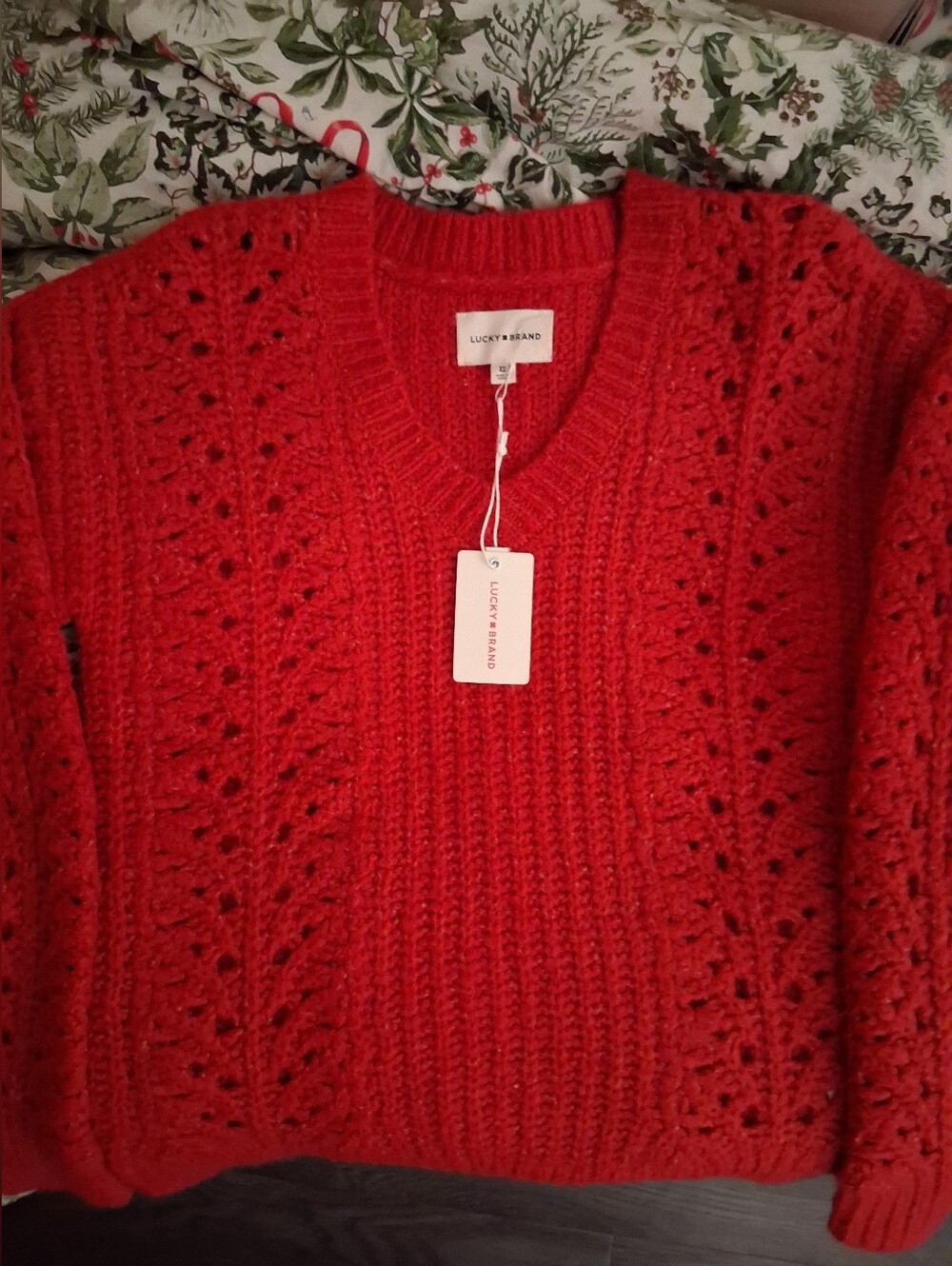 Lucky Brand Women's Bright Raspberry Red V-Neck Open Knit Sweater Chunky Comfy